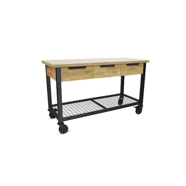 DURAMAX Rove 62 in. x 24 in. 3-Drawer Maple Rubberwood Mobile Workbench with Solid Wood Top