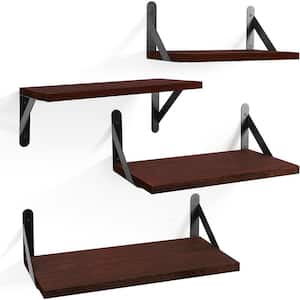 6.2 in. x 17 in. x 3.7 in. Walnut Brown Wood Decorative Wall Shelves with Brackets, Set of 4