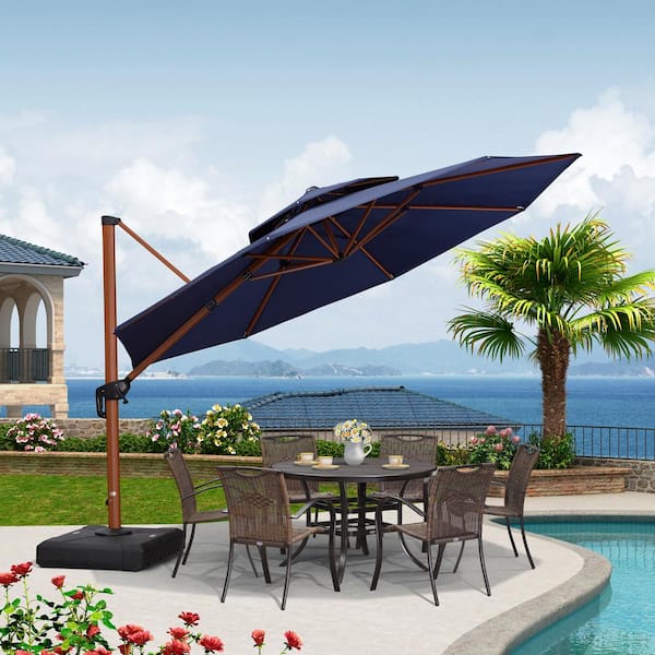 PURPLE LEAF 12 ft. Octagon High-Quality Wood Pattern Aluminum Cantilever Polyester Patio Umbrella with Base, Navy Blue