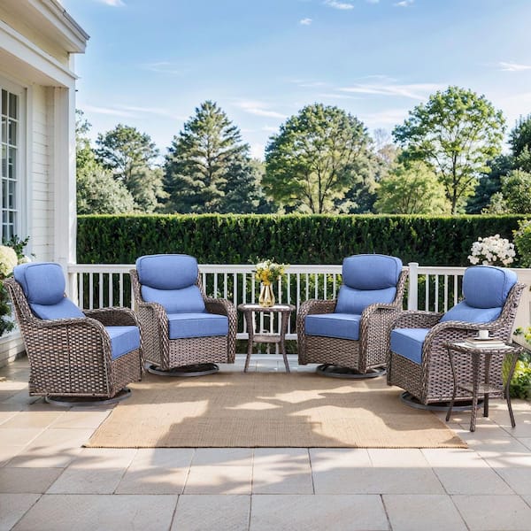 NovaSwivel 6-Piece Brown Wicker Patio Conversation Set Outdoor Swivel Glider Chair with 6 in. Thick Blue Cushions
