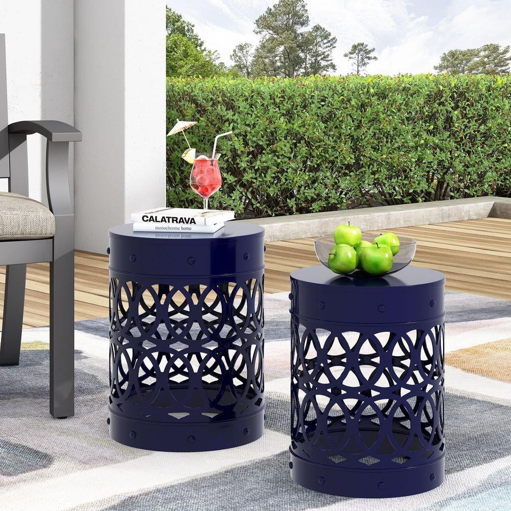 2-PC Navy Blue Durable Outdoor Metal Side Table Set with Powder