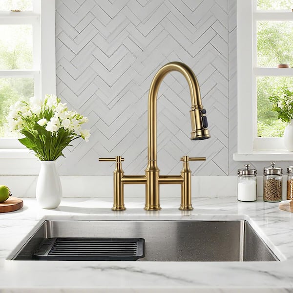 Double Handle Bridge Kitchen Faucet with 3-Spray Patterns and 360 Degrees Rotation Spout in Gold