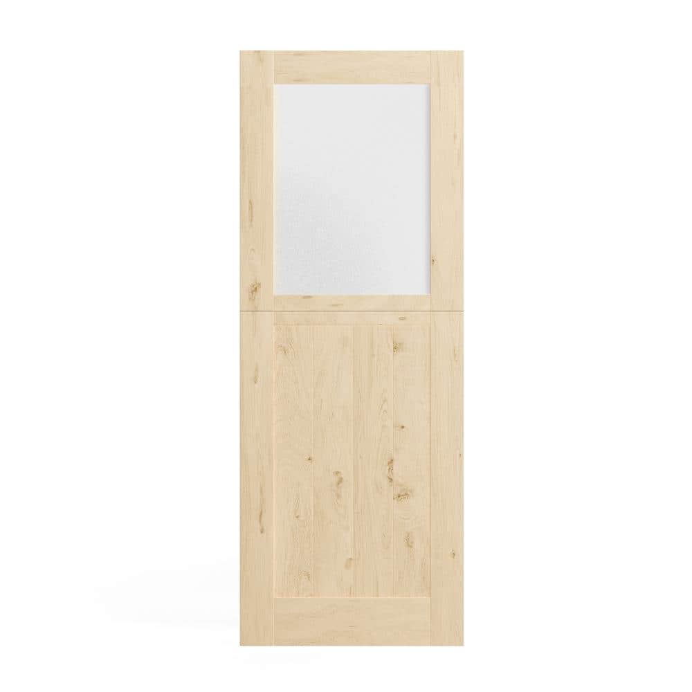 30 in. x 80 in. Natural Pine Finished Interior Dutch Door with Half Frosted Glass