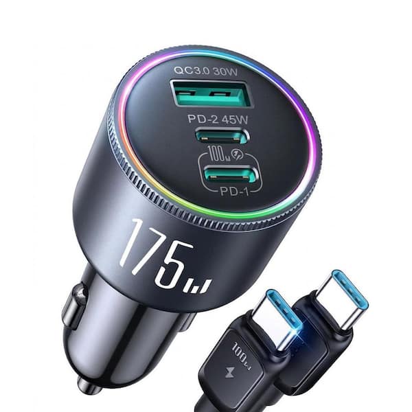 175W USB C Car Charger Adapter Super Fast Charging 3-Port Type C and USB A in Black with USB C Cable