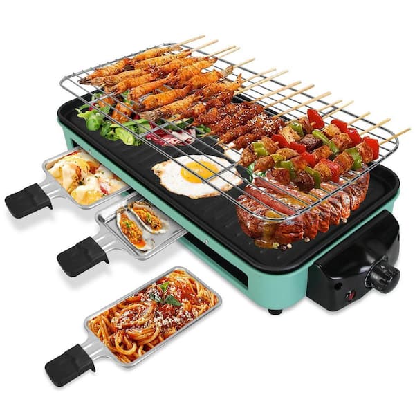 2-in-1 Electric BBQ Grill (Indoor): 2000W, 3-Trays, Dishwasher Safe Plus Removable Plate in Green