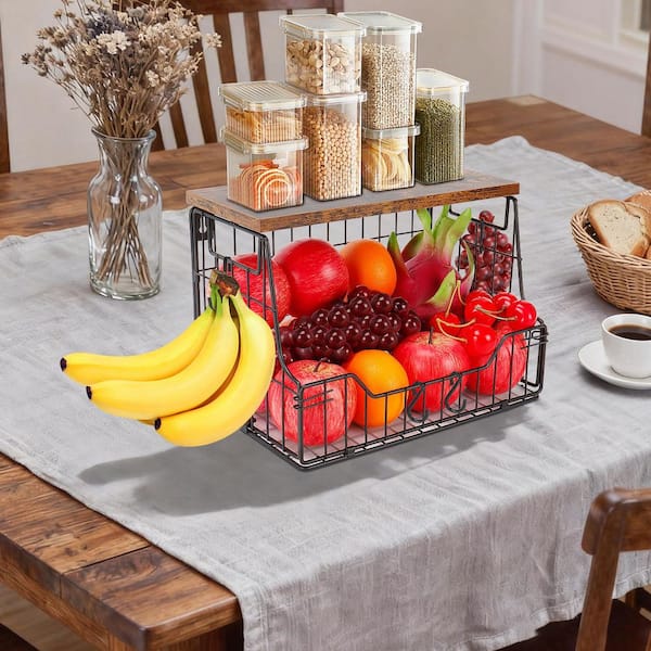 1 Piece Black Fruit Basket, Metal Fruit Vegetable Storage Bin with 2 Banana Hangers, Countertop Wire Basket Organizer
