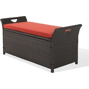 Brown Patio Wicker Outdoor Storage Bench with Red Cushion