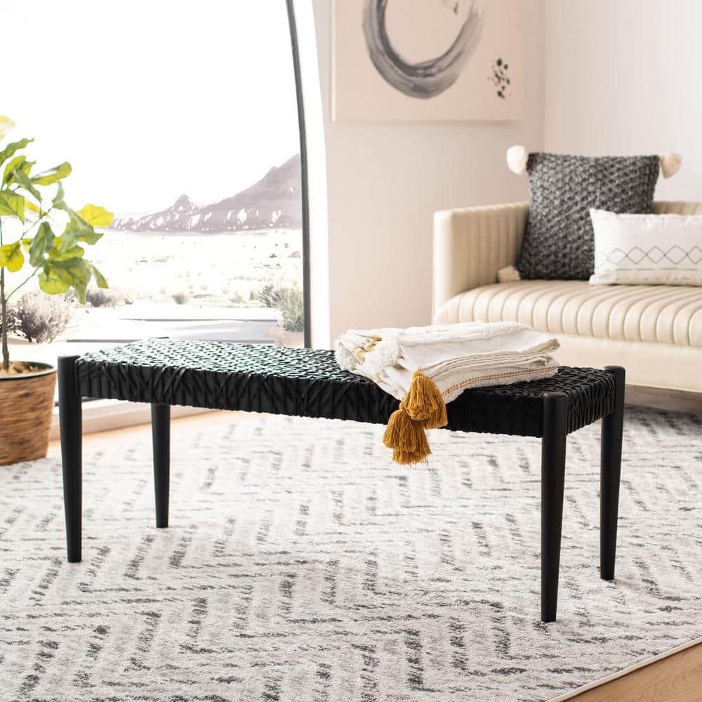 Alpine Elegance Black Cowhide Leather and Teak Bench, 47"