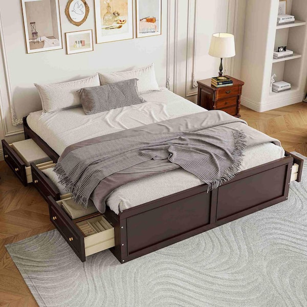 Espresso Wood Frame Queen Size Platform Bed with 6-Drawers