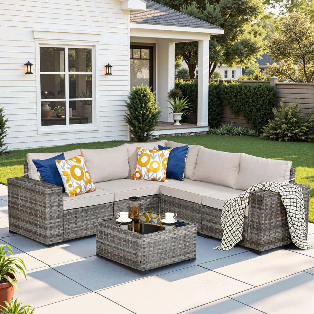 Rouge 6-Piece Wicker Outdoor Sectional Furniture Patio Conversation Sofa Set with a Table and Beige Cushions price history on PriceWatchPro