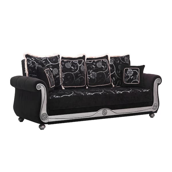 Ottomanson Washington Collection Convertible 95 in. Black Chenille 3-Seater Twin Sleeper Sofa Bed with Storage