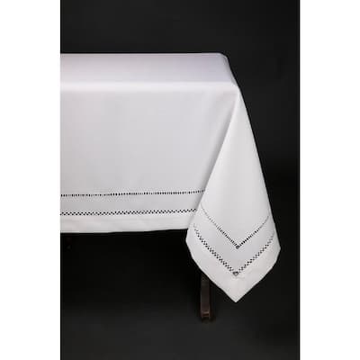 65 in. x 140 in. White Double Hemstitch Easy Care Tablecloth