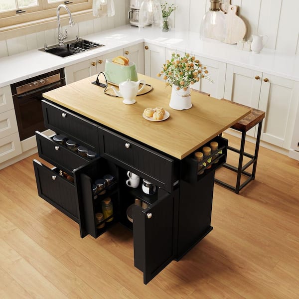 Polibi Black Rubber Wood 50.3 in. Kitchen Island w/ Storage Cabinet,Drawers,Door Shelves,Power Outlet, Drop Leaf and 2-Seatings