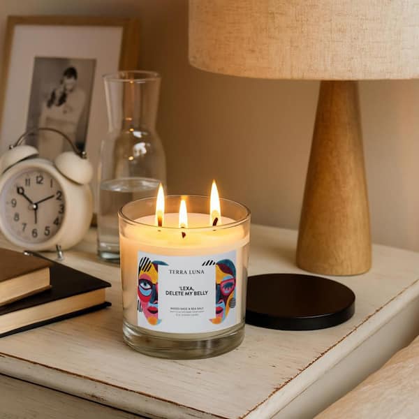 4 in. White/Yellow Glass Wood Sage & Sea Salt Delete My Belly Lidded Candle 12 oz.