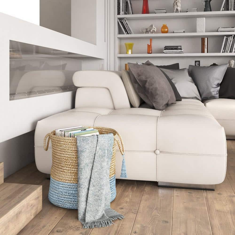 Handwoven Natural and Light Blue Jute Round Storage Basket with Handles