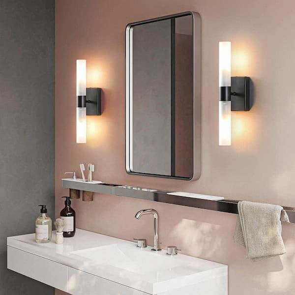 3.94 in. 2-Pack 2-Light Matte Black Bathroom Vanity Wall Sconces with Frosted Glass Cylinders