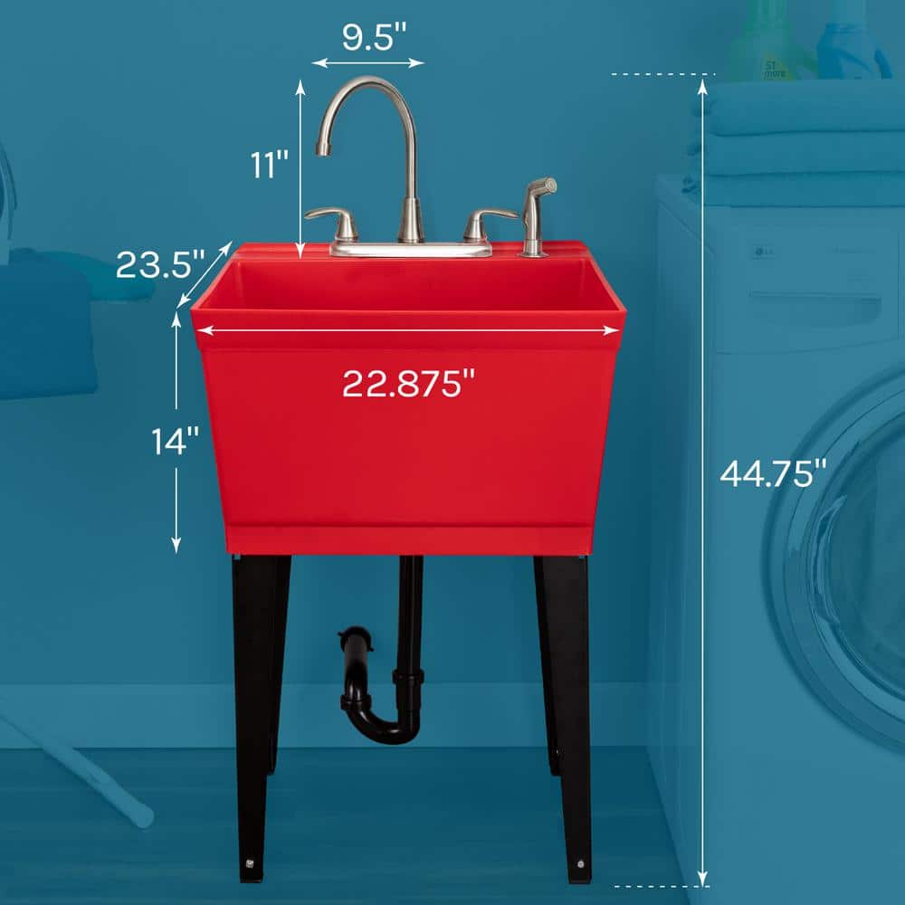 Red Freestanding Laundry Sink with Stainless Steel Faucet