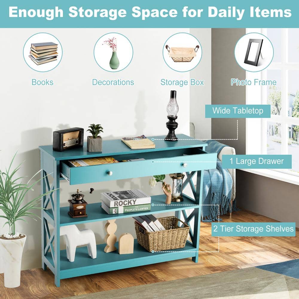 Modern Turquoise 3-Tier Console Table with Storage Drawer