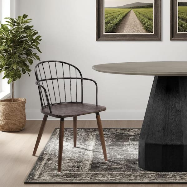 Armen Living Bradley Steel Framed Side Chair in Black Powder Coated Finish and Walnut Glazed Wood