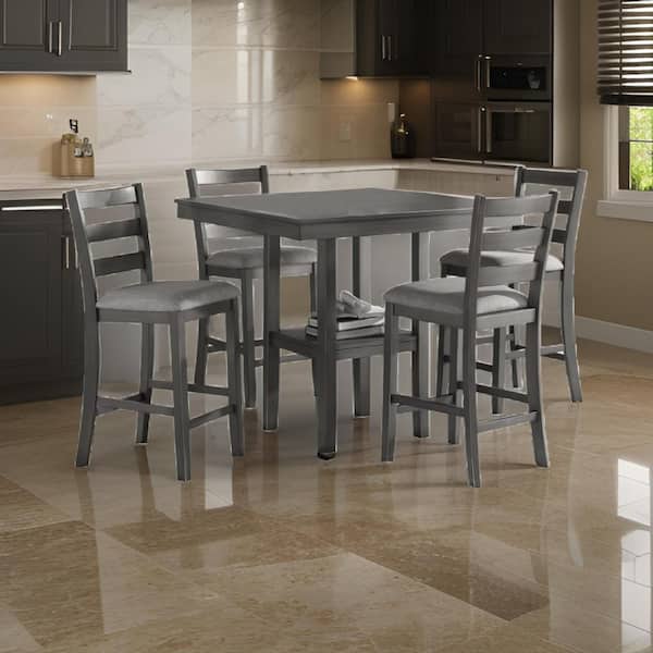 Benjara 5-Piece Counter Height Gray Padded Seats Dining Room Set Seats 4