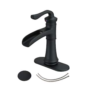 Single Handle Single Hole Waterfall Bathroom Faucet with Pop-up Drain Assembly and Deckplate Included in Matte Black