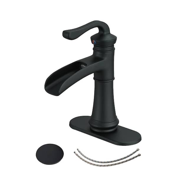 FLG Single Handle Single Hole Waterfall Bathroom Faucet with Pop-up Drain Assembly and Deckplate Included in Matte Black