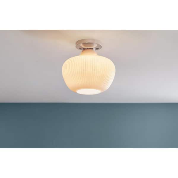 Home Decorators Collection Pompton 12 in. 1-Light Chrome Semi-Flush Mount Ceiling Light Fixture with White Ribbed Glass