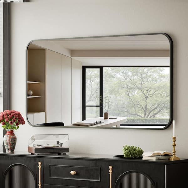 Black 26 in. W x 38 in. H Rectangular Bathroom Mirror with Rounded Corners Wall Metal Framed Mirror