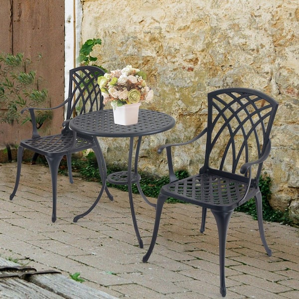 Unbranded 3-Piece Cast Aluminum Patio Outdoor Bistro Table Set with Umbrella Hole for Patio Balcony, Black