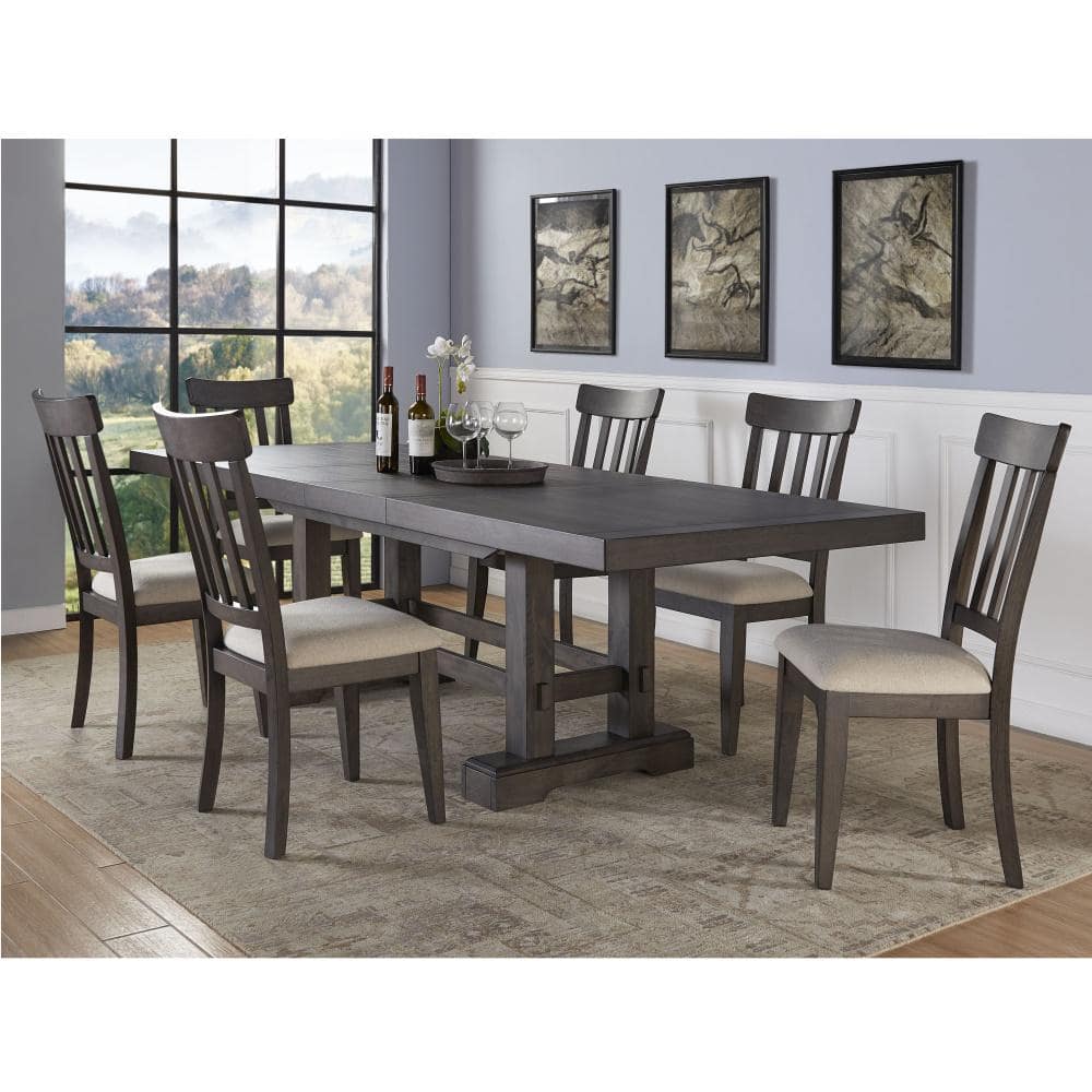 Beige Linen Upholstered Dark Brown Wood Side Chair Set