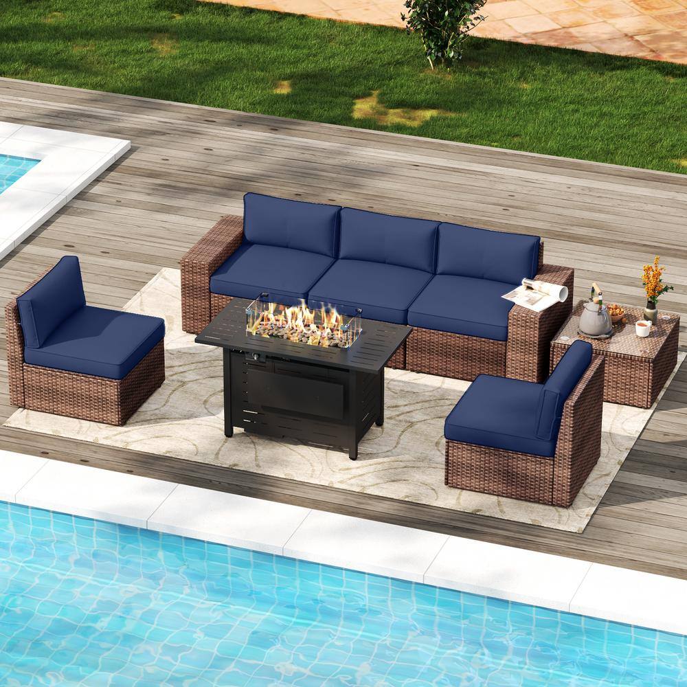 7-Pieces Outdoor Wicker Patio Sectional Set with Fire Pit Table, Coffee Table, Blue Cushions price history on PriceWatchPro