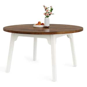 Halseey Brown White Wood 47 in. Round 4-Legs Dining Table Seats 6 Farmhouse Industrial Circle Kitchen Table Metal Base