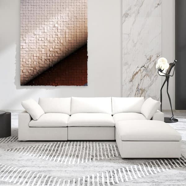 J&E Home 4-Piece White Linen L Shaped Sectional Sofa Living Room Set with Removable Covers and Ottoman