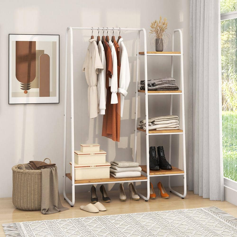 White and Natural Steel Closet Organizer with Shelves and Hanging Rod