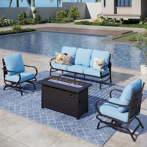 5 Seat 4-Piece Metal Outdoor Patio Conversation Set with Blue Cushions, Rocking Chairs, Rectangular Fire Pit Table