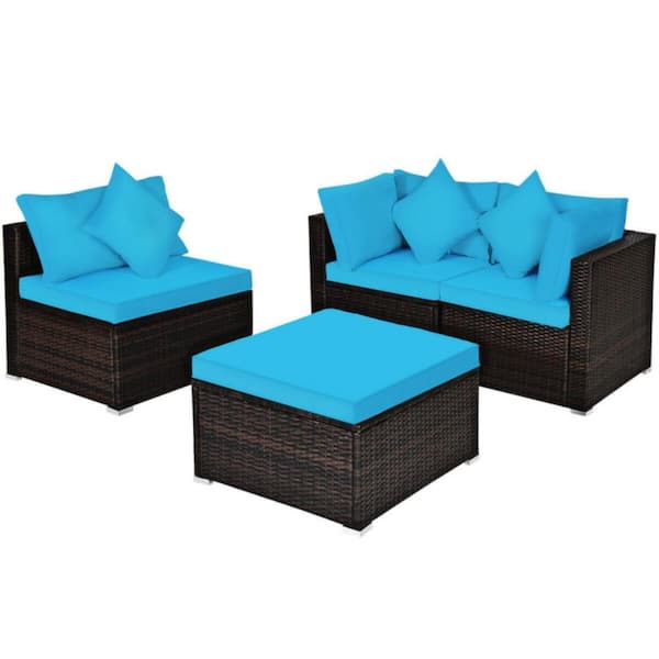 Kadehome 4-Piece Rattan Wicker Outdoor Sectional Set with Pillows and Removable Turquoise Cushions