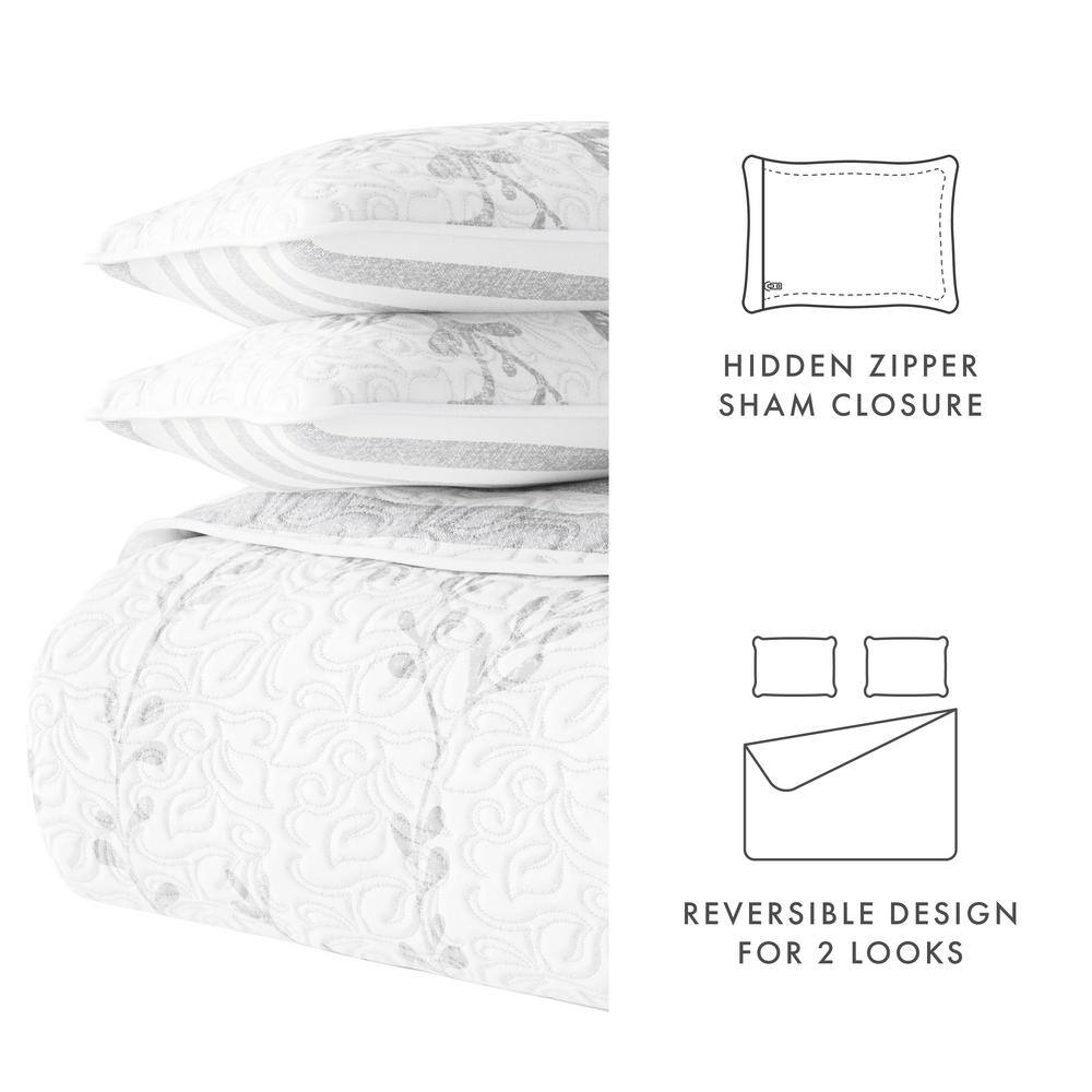 Light Gray and White Reversible Microfiber Quilt Set with Shams