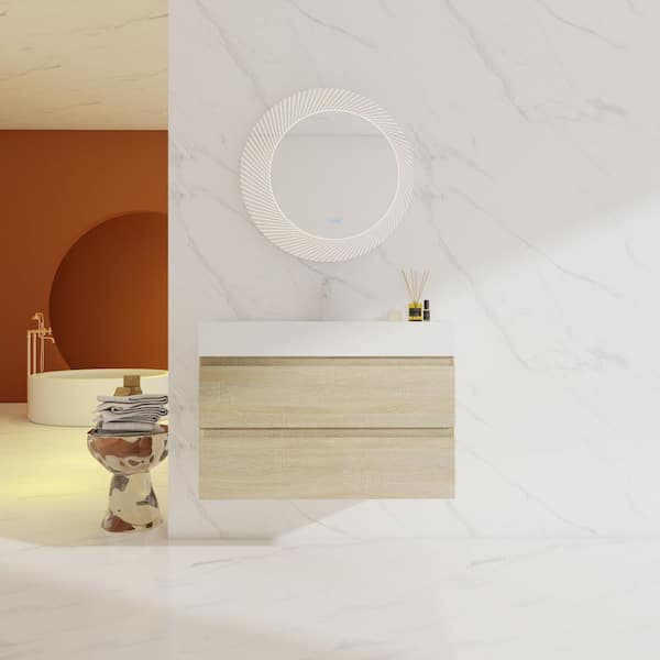 35.4 in. W x 18.10 in. D x 24.44 in. H Single Sink Wall Mount Bath Vanity in Light Oak with White Resin Top