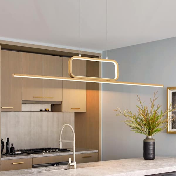 Neculina 2-Light Modern Integrated LED Pendant Light for Kitchen Island Gold Linear Chandelier