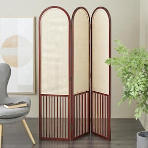 6 ft. Dark Brown 3 Panel Arched Room Divider Screen with Slatted Wood Base and Tan Rattan Panels