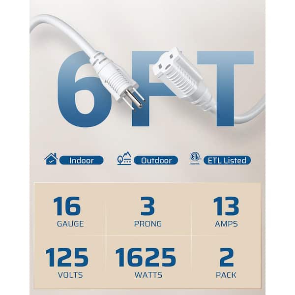 6 ft. 16/3 AWG SJTW Indoor/Outdoor Extension Cord with 3 Prong Grounded Outlets Plugs, 2-Pack, White