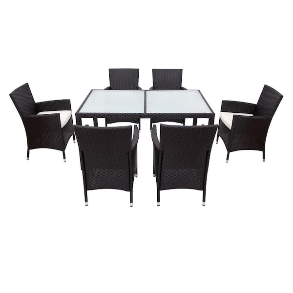 Black 7Piece Wicker Outdoor Dining Set with Beige Cushion ZQ