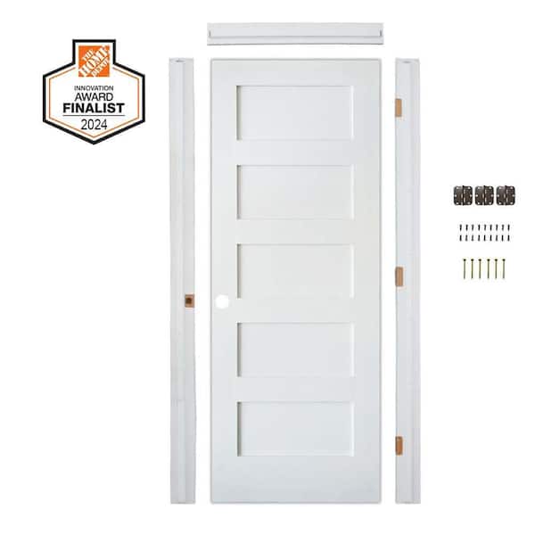 DIY RTA Kit 36 in. x 80 in. Shaker 5-Panel Right-Hand Primed Solid Core MDF Wood Single Ready To Assemble Interior Door