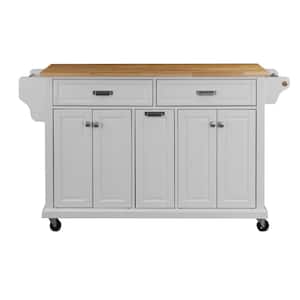 White Cambridge Natural Wood Top 60.5 in. Kitchen Island with 2-Large Drawers, Adjustable Shelves and Casters