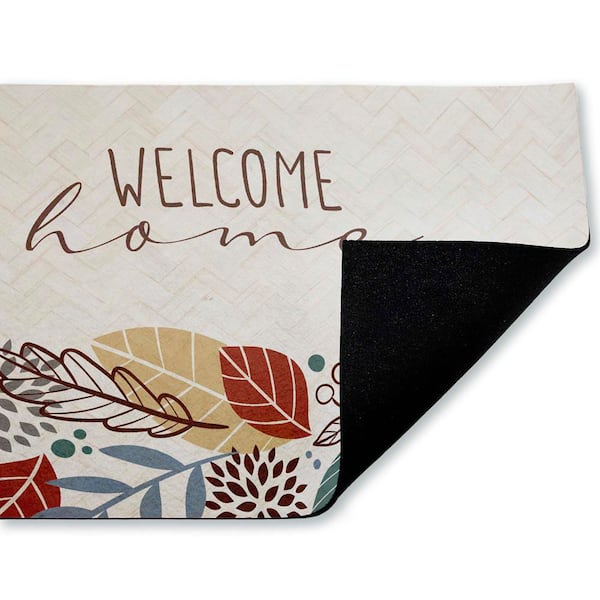 Welcome Home with Leaves Beige 18 in. x 30 in. Polyester Non-Slip Outdoor Door Mat