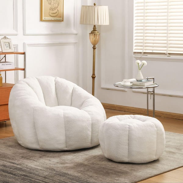 White Faux Fur Teddy Bean Bag Chair with Pumpkin Ottoman and Armrests, No Assembly Required