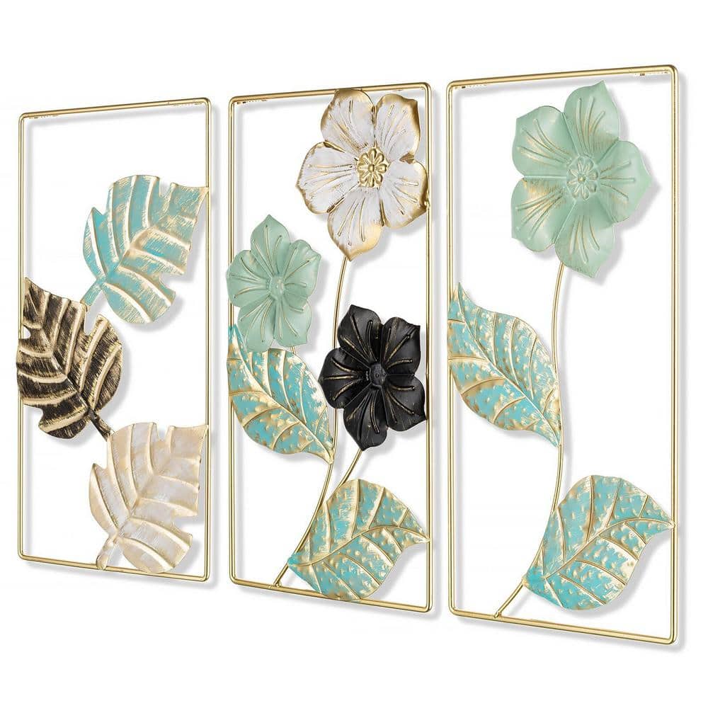 Set of 3 Iron Wall Decor, 17 in. x 9 in. Multicolor Rustic Flower Leaves Wa