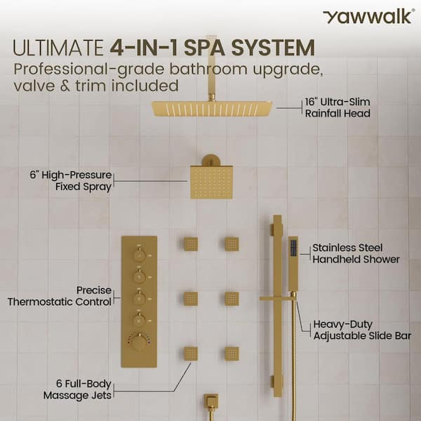 YAWWALK Thermostatic Valve 15-Spray 16 and 6 in. Dual Ceiling