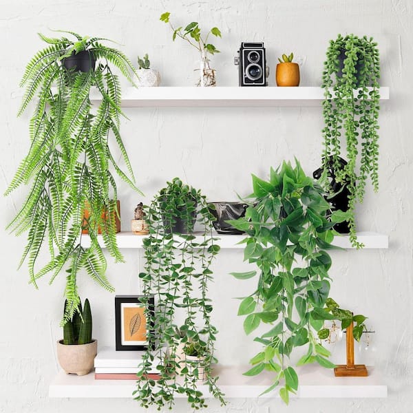 Afoxsos 6.30" H 4Pcs Artificial Hanging Plants with White Pots for Indoor Outdoor Decor