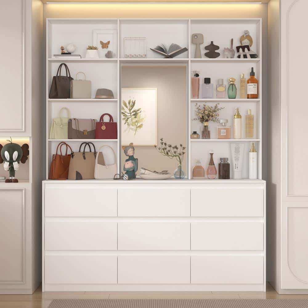 FUFU&GAGA White 9-Drawers 63 in. W Dresser Closet System With Shelves and  Mirror for Bedroom Living Room Fitting Room, White KF210293-012 - The Home  Depot